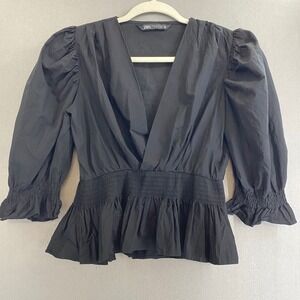 Zara Womens Black V-Neck Puff Sleeve Smocked Peplum Top Size S Small 0118